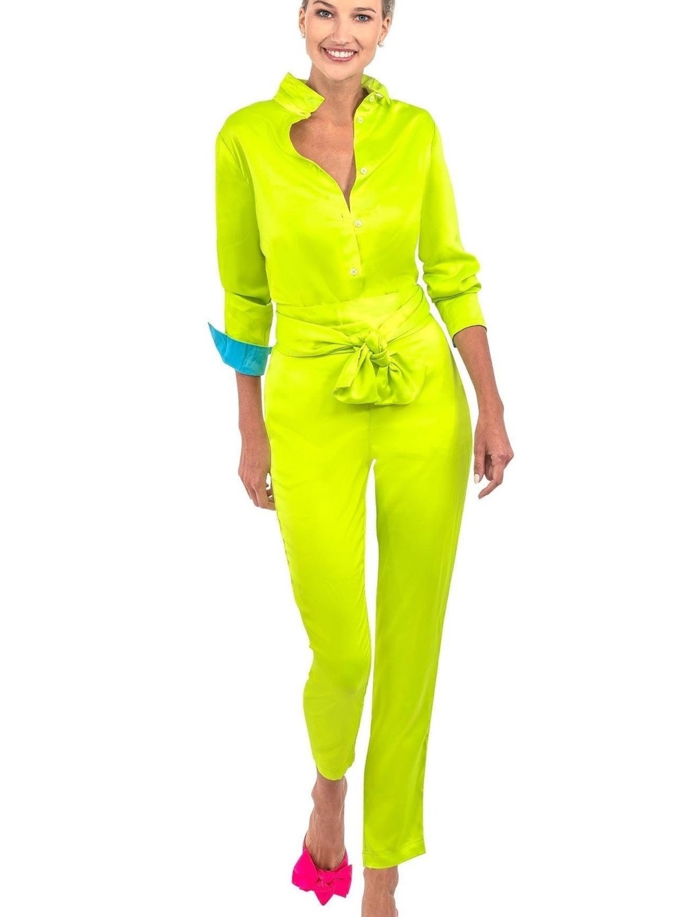 Gretchen Scott Designs Neon Lime Satin Trousers with Tie Belt and top - Picture 3 of 3